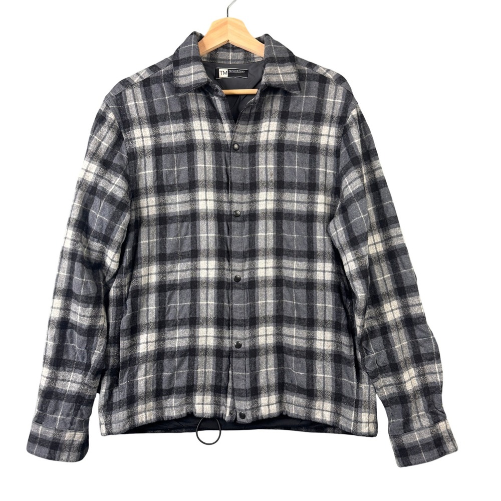 Zegna Techmerino Mens Plaid Wool Shirt Jacket Gray Black Snap Front Size Large
